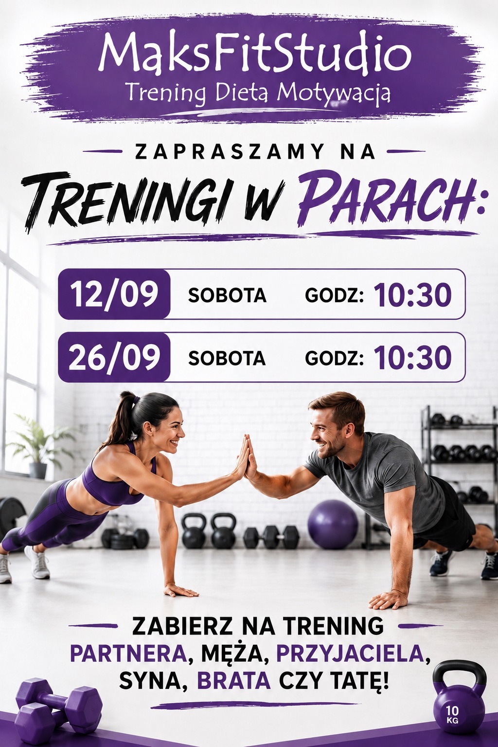 Zaproszenie MaksFitStudio na treningi w parach 12 i 26 września o godzinie 10:30